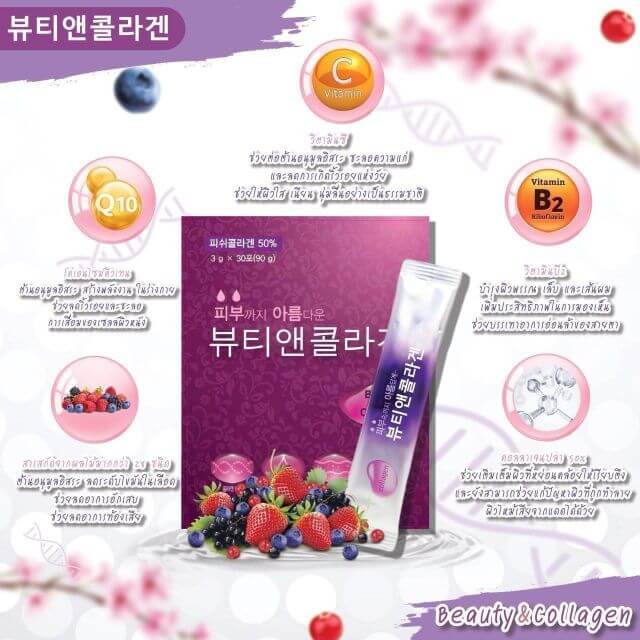 IL Yang Beauty Collagen 3 g x 30 ซอง   ประกอบไปด้วย  1.วิตามินซี  ช่วยต่อต้านอนึมูลอิสระ ให้ผิวขาวใส  2.Q10 ลดเลือนริ้วรอย ชะลอการเสื่อมสภาพของเซลล์ผิว  3.วิตามินบี2 บำรุงเล็บและผม ให้แข็งแรง บรรเทาอาการอ่อนล้าจากสายตา  4.สารสกัดจากผลไม้ 24 ชนิด  ลดไขมันในเลือด และอาการอักเสบของผิว  5.Collagen ปลา 50%  เติมเต็มผิวที่หย่อยคล้อยให้เรียบตึง