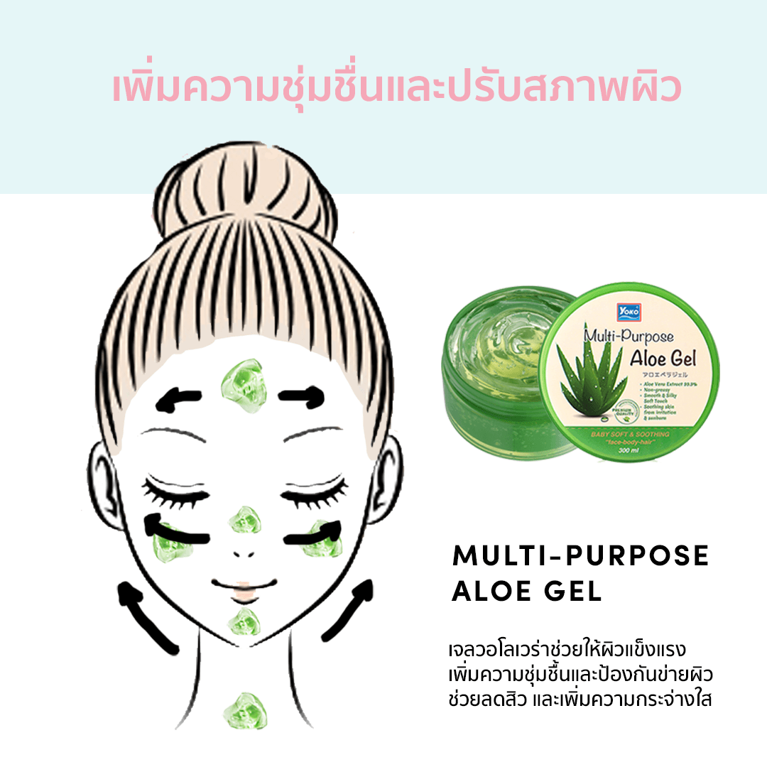 Yoko Multi-Purpose Aloe Gel   เจลบำรุงผิว เนื้อบางเบา ซึมซาบเร็ว ไม่เหนียวเหนอะหนะ ช่วยลดอาการระคายเคืองผิวจากแสงแดด และเพิ่มความชุ่มชื้นให้แก่ผิว สามารถดูแลได้ทั้งผิวหน้า ผิวกาย และเส้นผม