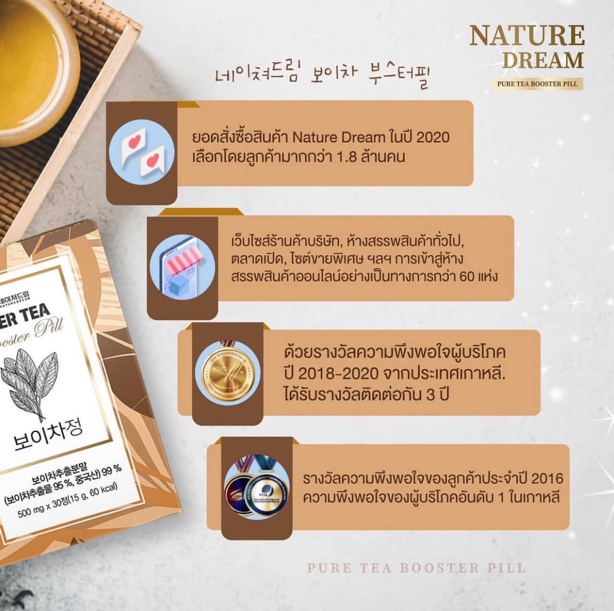 NATURE DREAM, NATURE DREAM Puer Tea Booster Pill, NATURE DREAM Puer Tea Booster Pill 500mg x 30 เม็ด, NATURE DREAM Puer Tea Booster Pill รีวิว, วิตามิน, ควบคุมน้ำหนัก, ลดน้ำหนัก, เผาผลาญ, ดักจับไขมัน