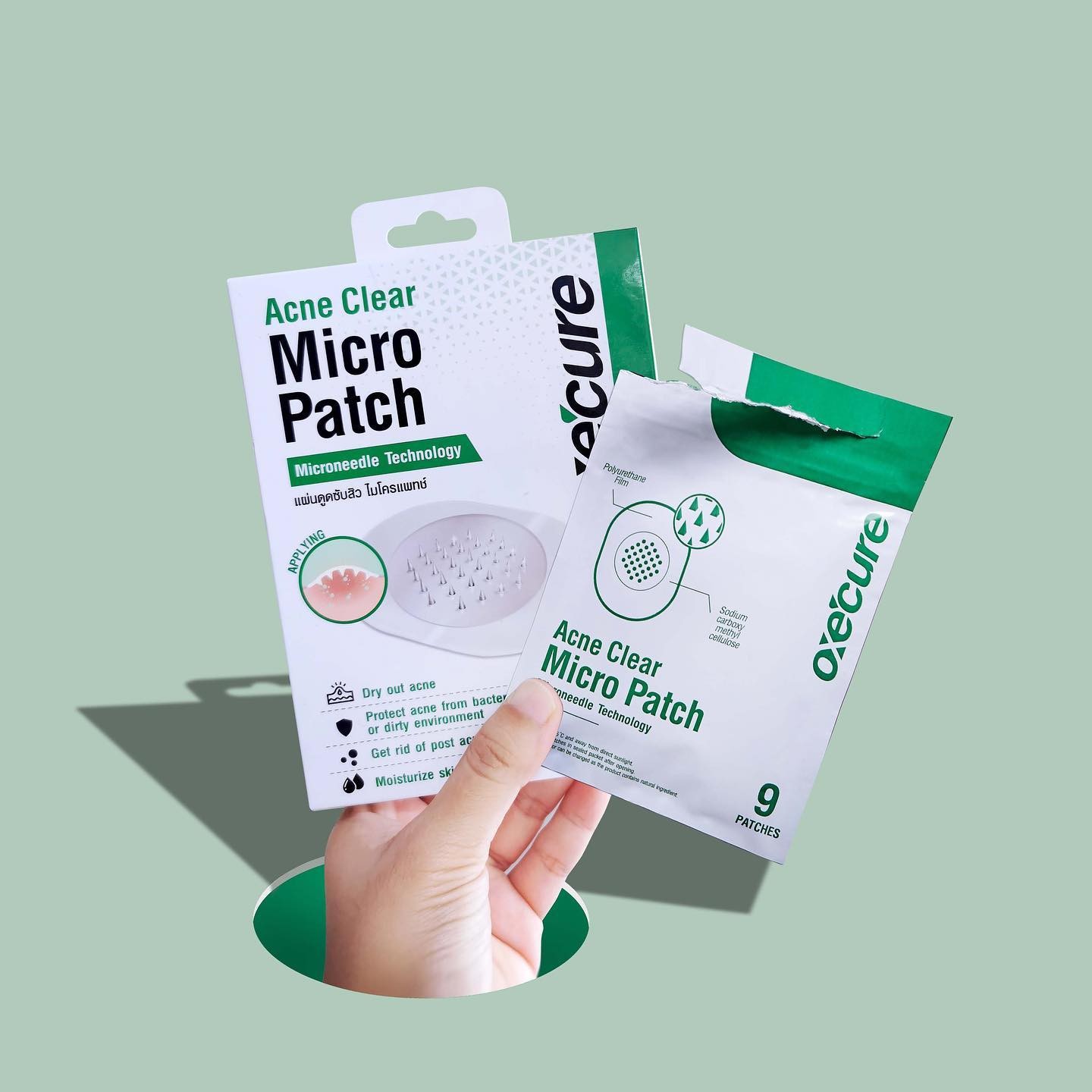 OXE'CURE Acne Clear Micro Patch 9ชิ้น/กล่อง แผ่นแปะสิวนวัตกรรมใหม่ด้วยเทคโนโลยี “self-dissolve Microneedles” เข็มเล็กๆที่อัดแน่นด้วยสารสกัดสำหรับรักษาปัญหาสิวที่ต้นเหตุ