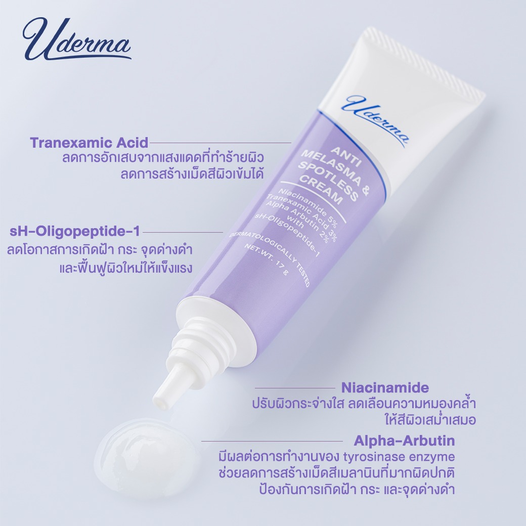 Uderma Anti-Melasma & Spotless Cream 5g. (ไซส์ขนาดทดลอง) นวัตกรรมที่รวบรวมครบทุกสารสำคัญที่แพทย์ผิวหนังแนะนำ ให้คุณได้เคลียร์ฝ้าอย่างปลอดภัย จบทุกขั้นตอน