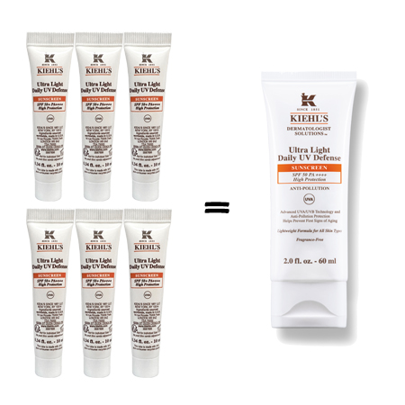 แพ็ค 6 ชิ้น = 60 ml Kiehl's Ultra Light Daily UV Defense Sunscreen SPF 50+ PA++++ 10 ml (No Box) ปกป้องผิวจากแสงแดดที่ล้ำกว่าเดิมถึงสามเท่า เนื้อบางเบาพิเศษ เกลี่ยง่าย ไม่หนักหน้า