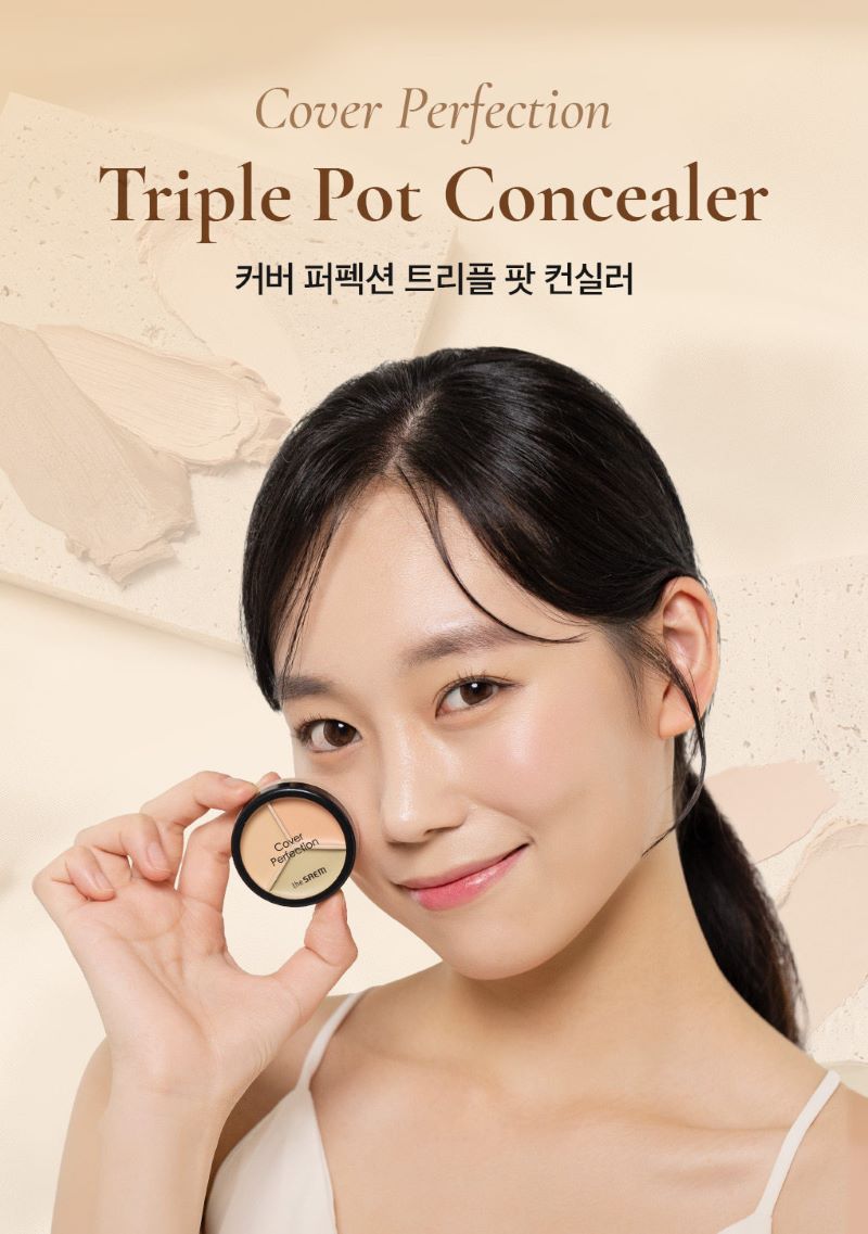 The Saem Cover Perfection Triple pot concealer #03 Correct-up Beige 4.5g. , The Saem  , thesaem , เครื่องสำอางเกาหลี ,คอนซีลเลอร์ , the saem concealer ซื้อที่ไหน , บาล์ม คอนซีลเลอร์ 3 หลุม The saem